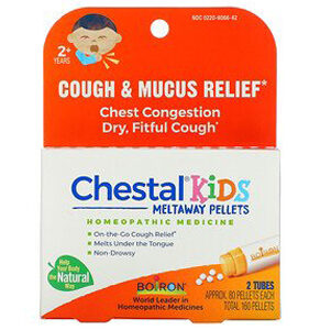 Boiron, Chestal Kids Meltaway Pellets, Cough & Mucus Relief, 2+ Years, 2 Tubes, Approx. 80 Pellets Each