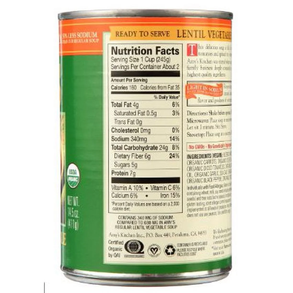 Best online shopping sites in usa - Amy's Organic Soup Light in Sodium Lentil Vegetable 14.5 fl oz - Image 2