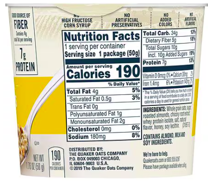 Best online shopping sites in usa - Quaker Oats Instant Oatmeal Cup, Honey & Almonds, 1.76 oz - Image 3